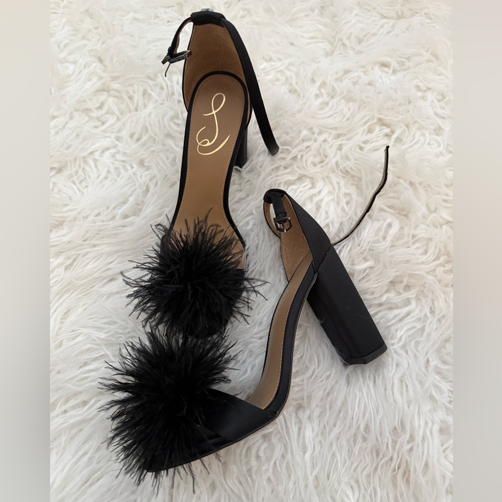 Sam Edelman Women's Black Yaro Feather Pom Heels Sz 8